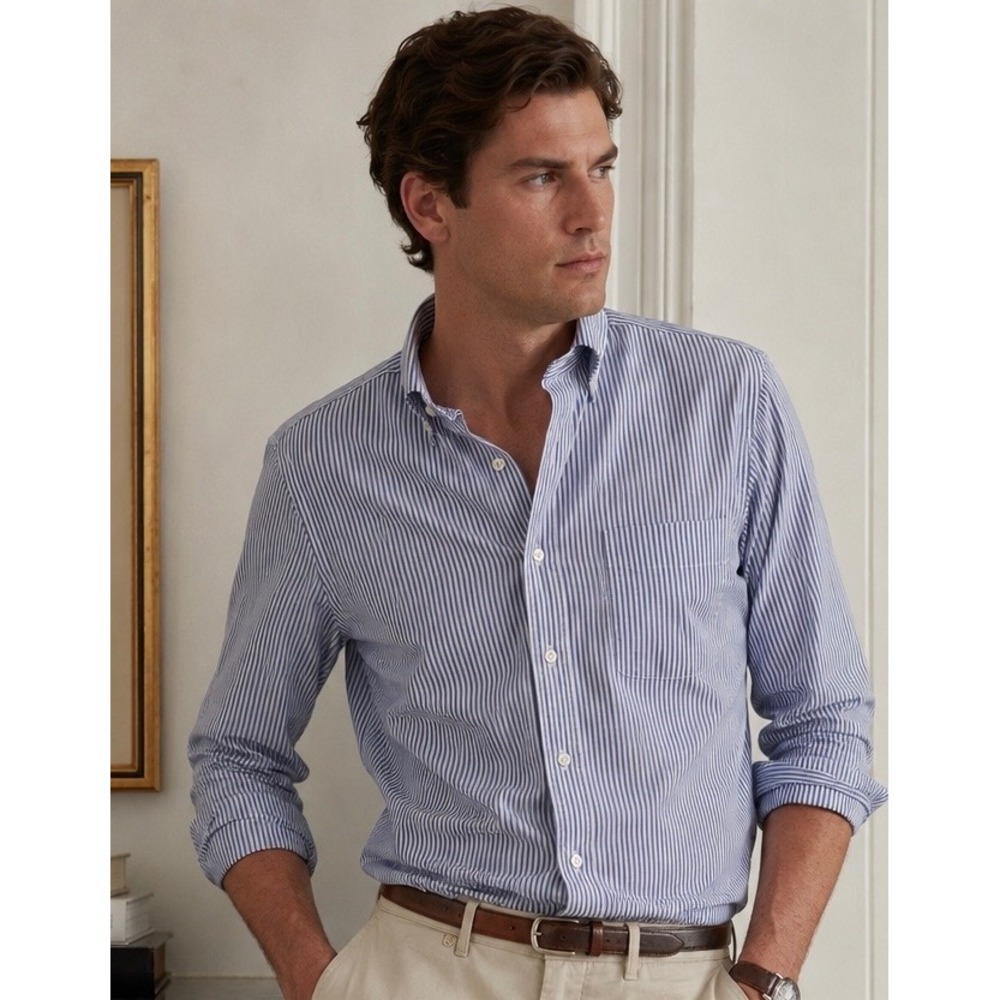 GAP Banker Striped Fitted Button Down Shirt Mens Large Blue White Preppy Oxford